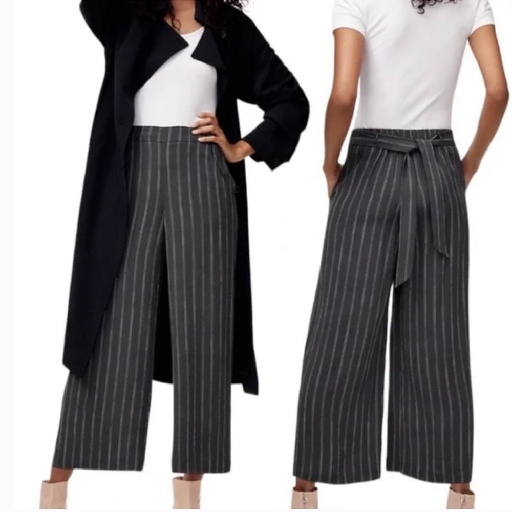 Wilfred Aritzia Pants S Grey/White Striped Cropped High Rise Wide Leg Waist Tie